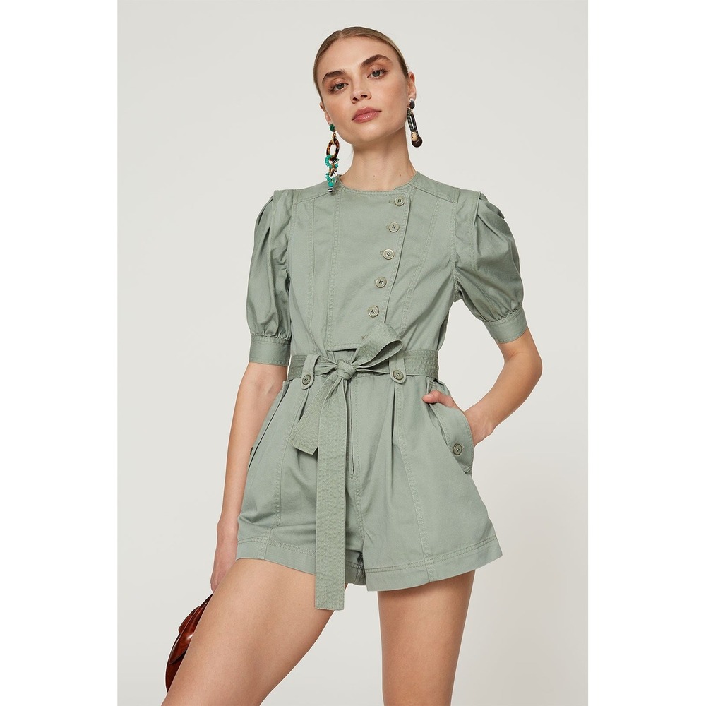 Ulla Johnson Carmine Play Suit Romper Sage Green Cotton Twill Puff Sleeve 2